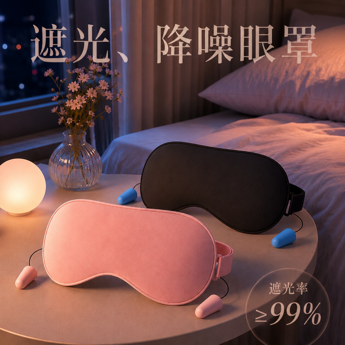 维康纯色耳塞眼罩可调节带子遮光助睡眠耳塞一体隔音睡眠专用1847