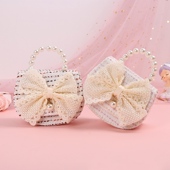 女童小香风包包韩版 蝴蝶结花朵珍珠手提包单肩斜挎链条迷你编织包