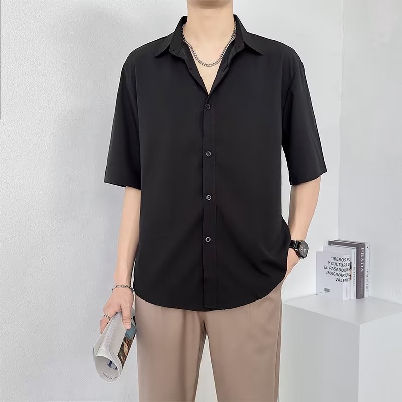 冰丝短袖衬衫男夏季高级感黑色