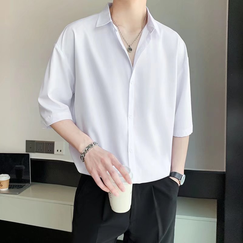 衬衫男短袖夏季冰丝薄款休闲半袖衬衣高级商务正装免烫五分袖寸衫