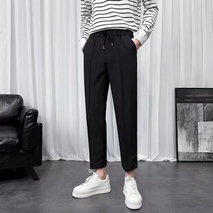 裤子男款休闲九分裤春夏季系绳宽松直筒西装裤潮牌免烫垂感小西裤
