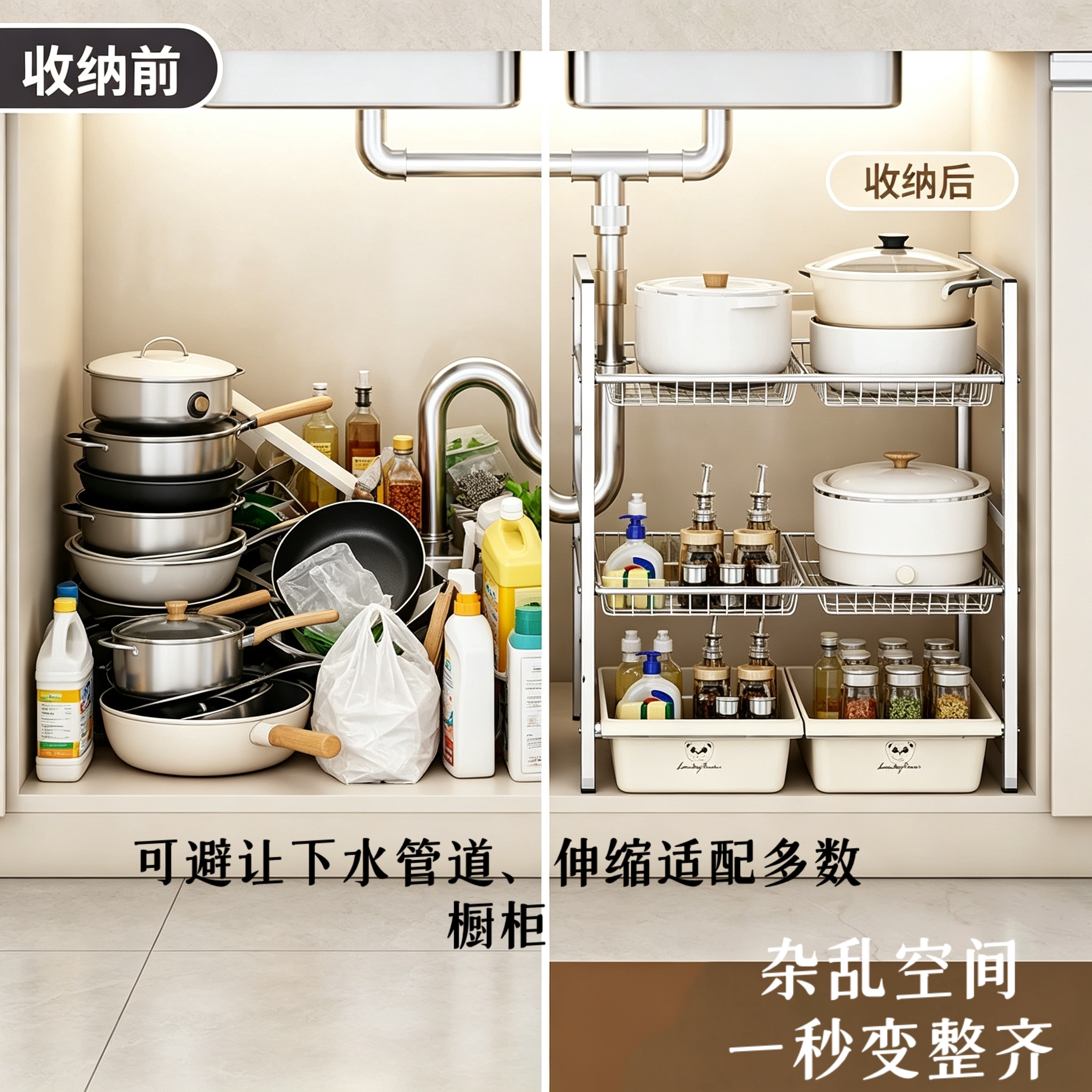 厨房水槽下置物架可伸缩 避开下水管道 橱柜分层锅具收纳架