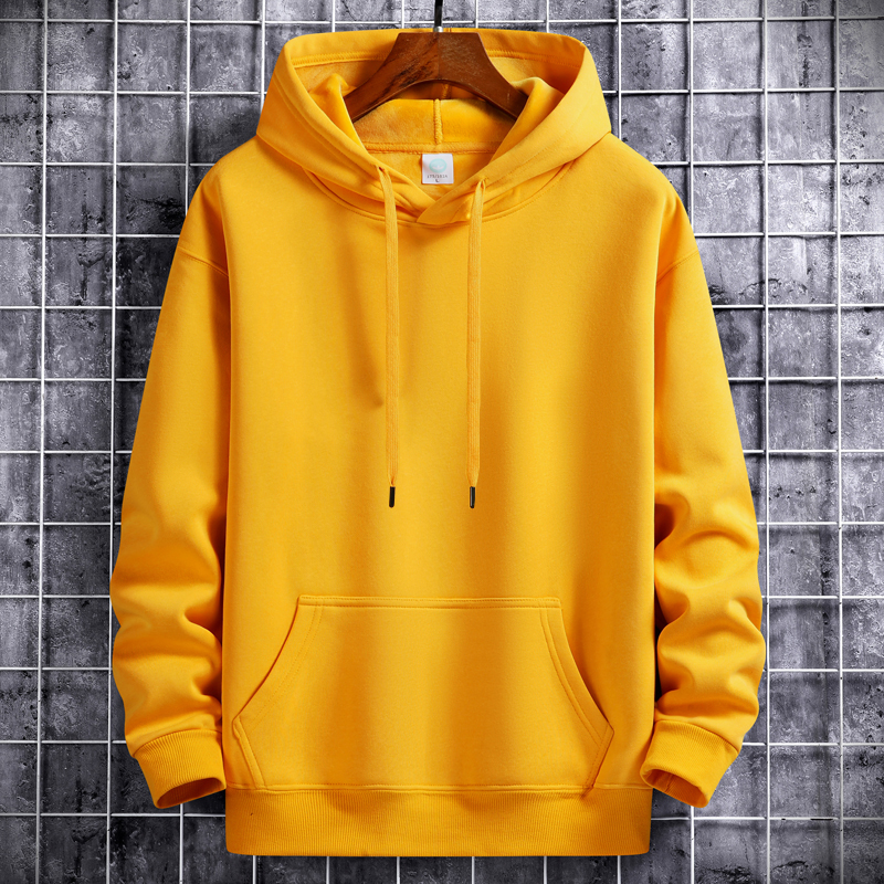 春秋冬纯色百搭加绒连帽卫衣男士运动套头外套宽松休闲情侣装黄色