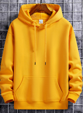 春秋冬纯色百搭加绒连帽卫衣男士运动套头外套宽松休闲情侣装黄色