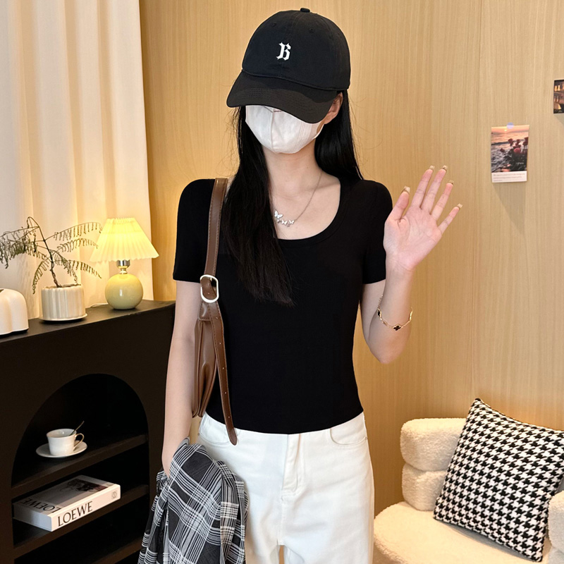 韩系黑色正肩短袖t恤女2025新款夏季圆领修身显瘦百搭短款上衣潮