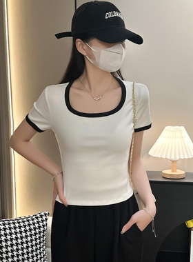 白色方领正肩短袖t恤女2024夏新款撞色拼接修身体恤时尚洋气上衣