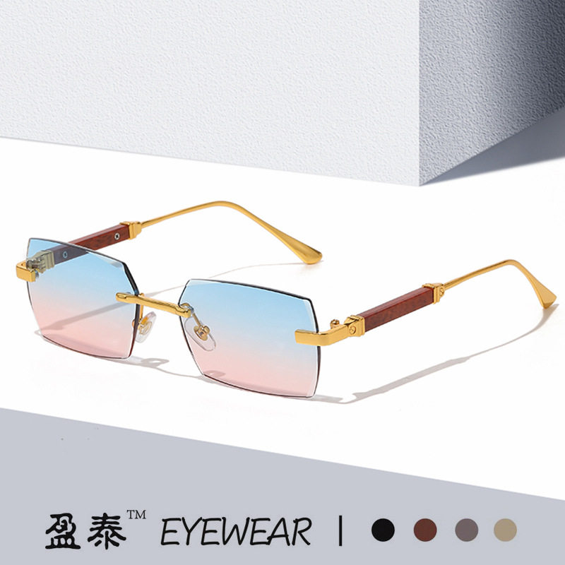 日本Gentle Motto新款方形无框切边太阳镜女欧美时尚木纹腿眼镜