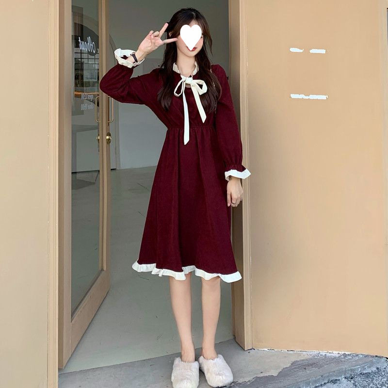 gentle motto连衣裙春秋季中长款裙子学生木耳边立领收腰学院风