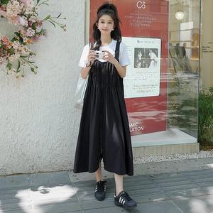 谷七GUQIQI2024新款夏季黑色宽松背带裙套装洋气减龄两件套女长裙