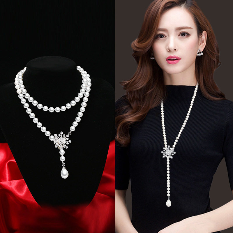 日本gentle motto雪花叠戴母贝珠珍珠项链女轻奢夏天毛衣链长款