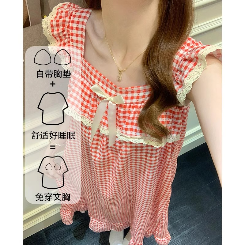日系荷叶边格子甜美睡裙女夏季款