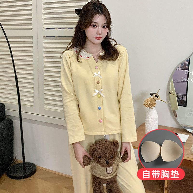 冬季甜美羊绒樱桃花边睡衣女套装