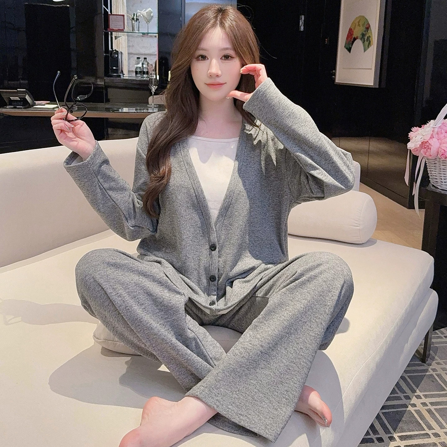 秋冬季胖MM仿羊绒睡衣女假两件长袖简约风纯色休闲家居服可外穿