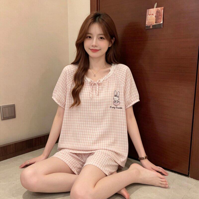 云朵棉短袖短裤睡衣女生夏季花边甜美卡通兔子日系薄款家居服套装