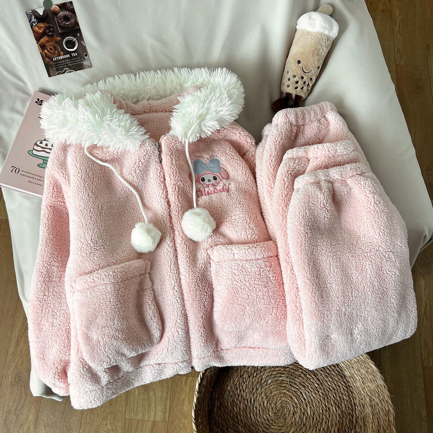 日系可爱保暖睡衣女秋冬季宿舍毛绒绒卡通美乐蒂加厚连帽学生套装