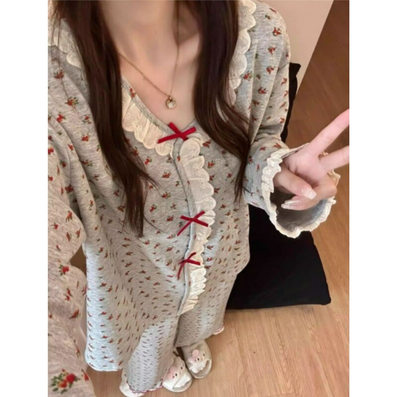ins风长袖睡衣女春秋季新款韩版蝴蝶结碎花蕾丝花边V领套头家居服