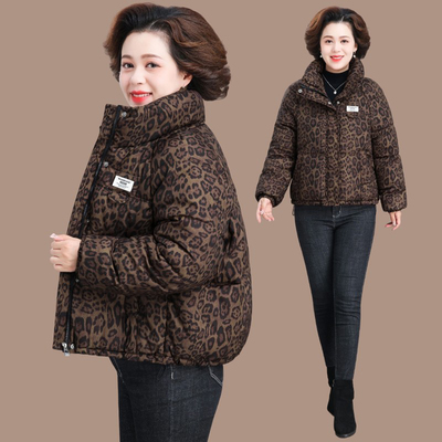 50多岁妈妈装冬装外套洋气棉衣新款羽绒棉服中老年女秋冬豹纹棉袄