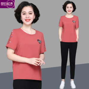 中年妈妈夏装套装洋气中老年人休闲上衣女时尚短袖t恤纯棉夏季薄