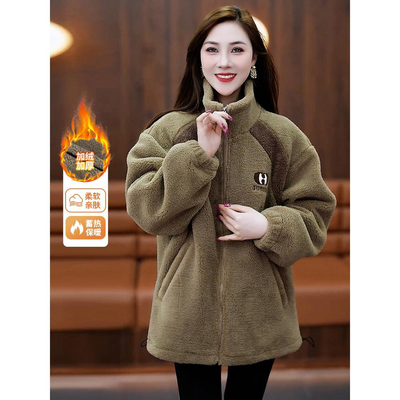 冬装羊羔绒上衣女洋气新款小个子妈妈宽松加绒加厚摇粒绒保暖外套