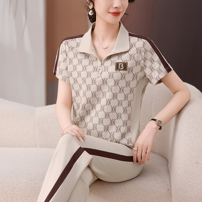 高端妈妈夏装运动套装2025新款洋气中老年女装夏季短袖T恤两件套
