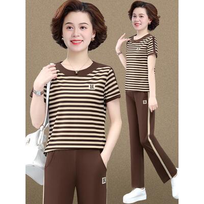 中年妈妈夏装短袖圆领条纹上衣2025新款中老年人运动服套装女夏季