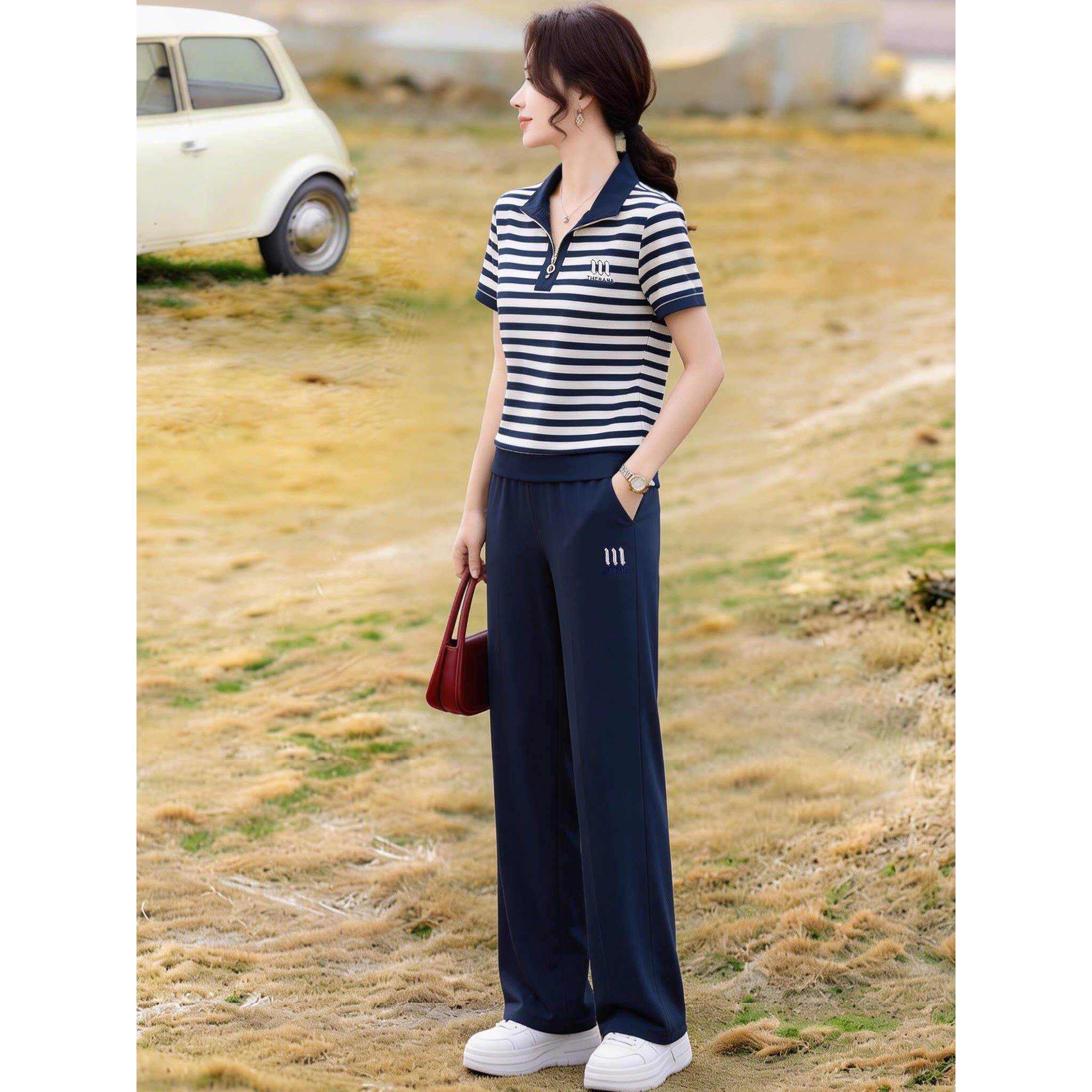 高级感立领运动套装女士条纹休闲两件套中老年妈妈短袖休闲装夏季