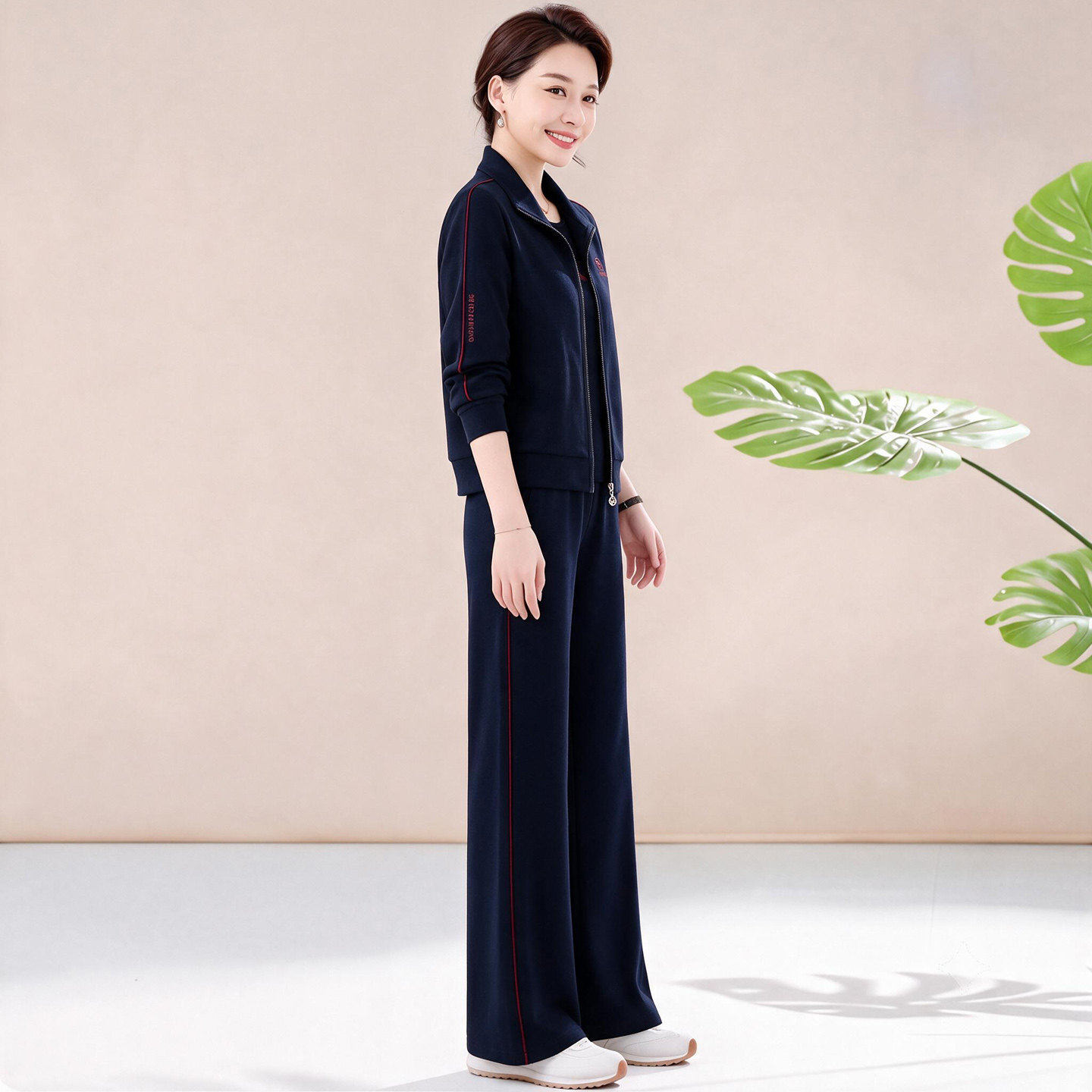 高端妈妈时尚休闲运动服套装女士春秋新款洋气显瘦立领开衫三件套