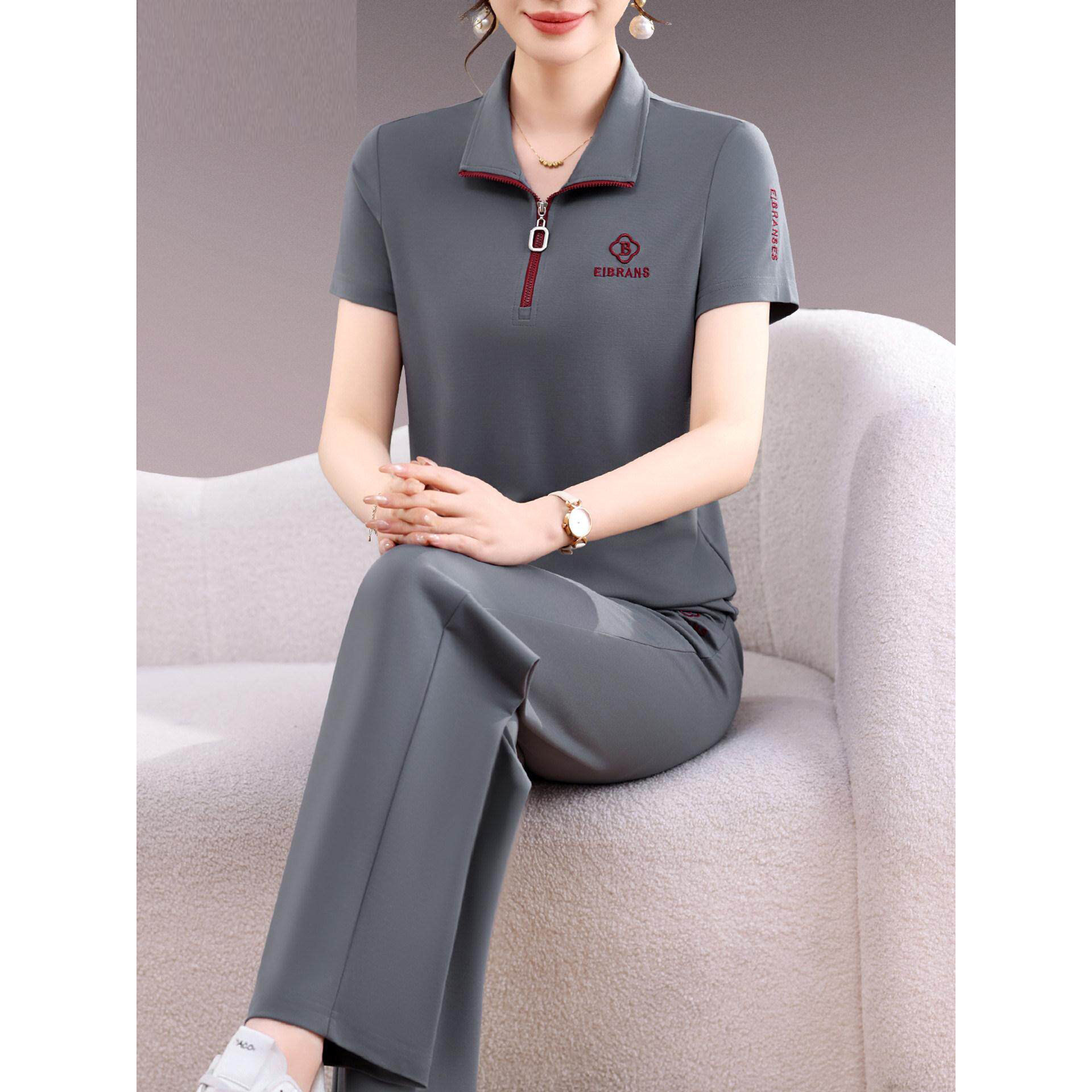 高端休闲运动服卫衣套装女夏装新款洋气妈妈冰丝短袖T恤两件套薄