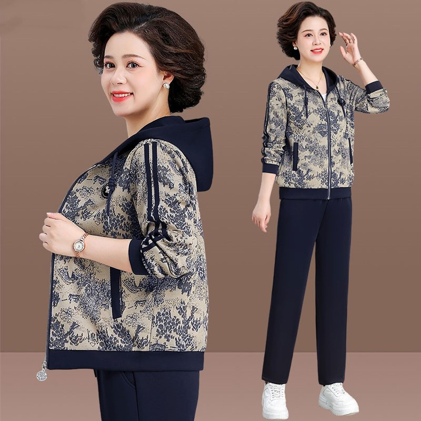 中老年运动服套装女2026新款妈妈春秋印花外套洋气上衣两件套秋装