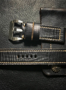 GF手工表带黑色褶皱复古霍尔文CXL牛皮表带手工制作适用于沛纳海