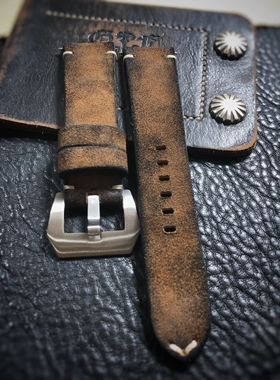 GF手工表带棕色翻毛牛皮复古做旧手工定制适用于沛纳海等