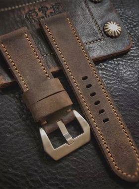 GF手工表带棕色油蜡感磨砂头层牛皮真皮定制适用于沛纳海 大飞等