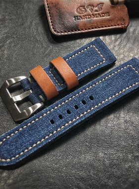 GF手工表带牛仔布可简易清洗吸汗柔软双面布中间牛皮适用于沛纳海