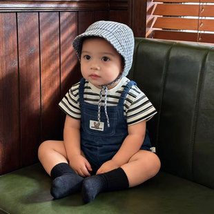 MOGUJ小童套装2026春夏新款韩版男宝宝牛仔背带裤条纹T恤可爱套装