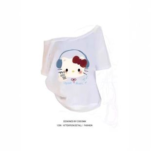 韩系斜肩设计感夏季 上衣女批发 短袖 T恤女kitty猫可爱甜美百搭修身