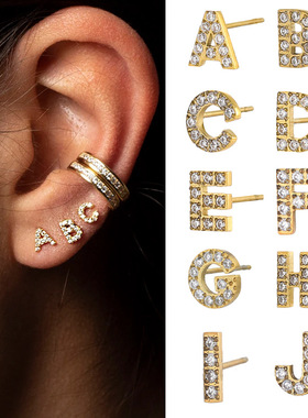 微镶满钻锆石26个英文字母耳钉钛钢镀14K金ins极简风时尚小耳饰
