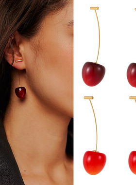 ins红色樱桃耳环钛钢镀金18K镀金耳线超仙车厘子吊坠百搭时尚耳饰