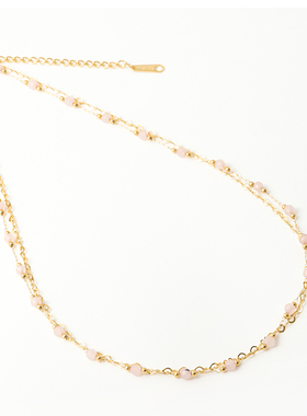 粉色串珠满天星叠戴钛钢项链