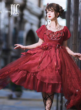 【闭店清仓】浮世镜Lolita予我玫瑰红色法式复古洋装op优雅连衣裙