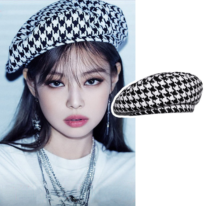 金智妮jennie千鸟格贝雷帽子女秋冬百搭韩版潮针织毛呢日系画家帽
