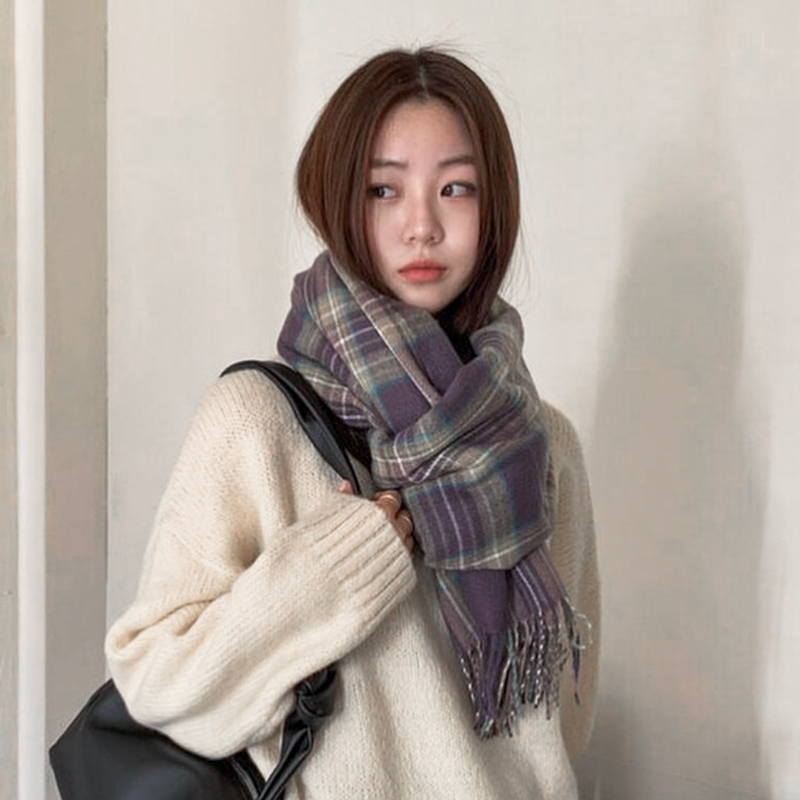 葡萄紫格子围巾网红温柔