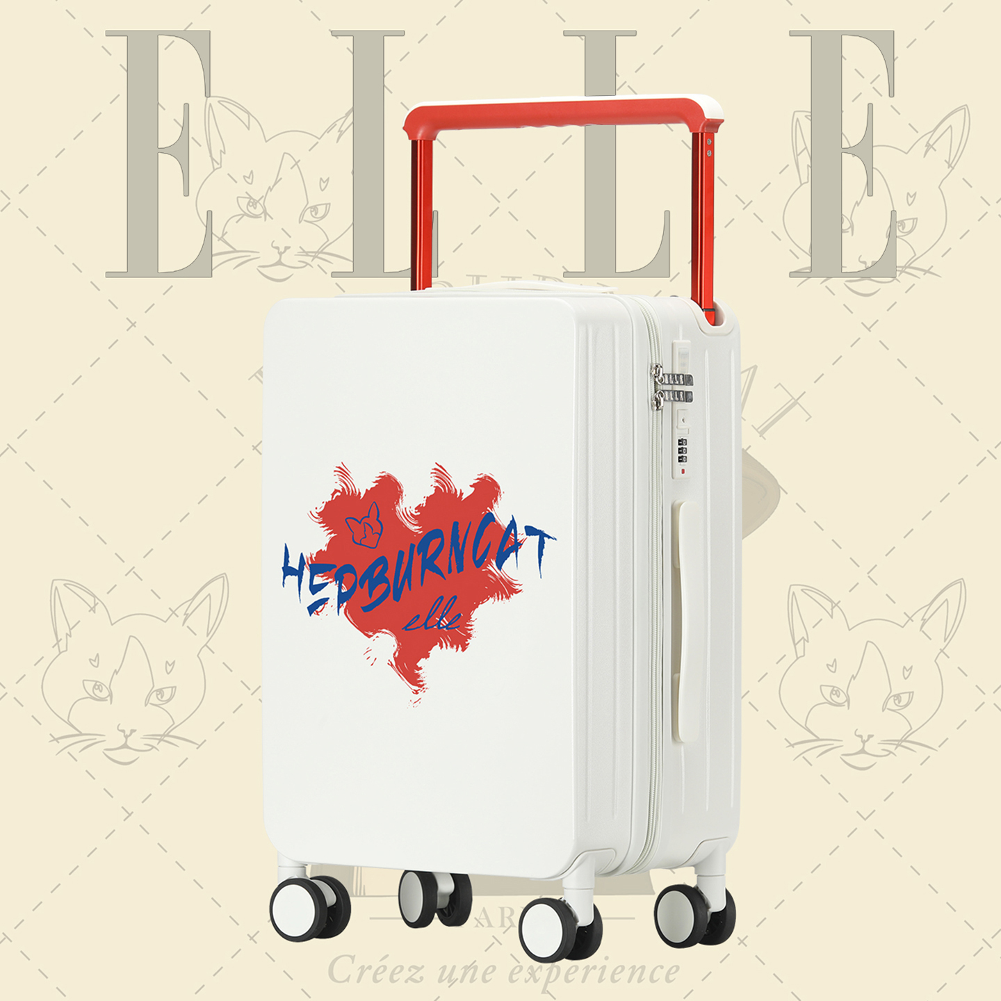 ELLE&赫本猫联名款印花图案行李箱女拉杆箱旅行箱时尚密码箱箱子