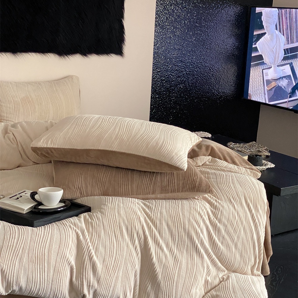 冬暖|感侘寂风牛奶绒立体提花四件套冬季加厚双面绒被套床单床品