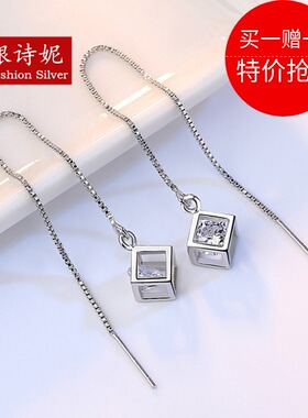 S925银耳线女简约长款耳环韩国风气质魔方耳坠百搭2019耳饰
