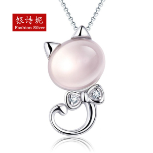 925纯银爱心粉晶 女凯蒂猫咪项链 KT猫眼芙蓉石首饰品锁骨链吊坠