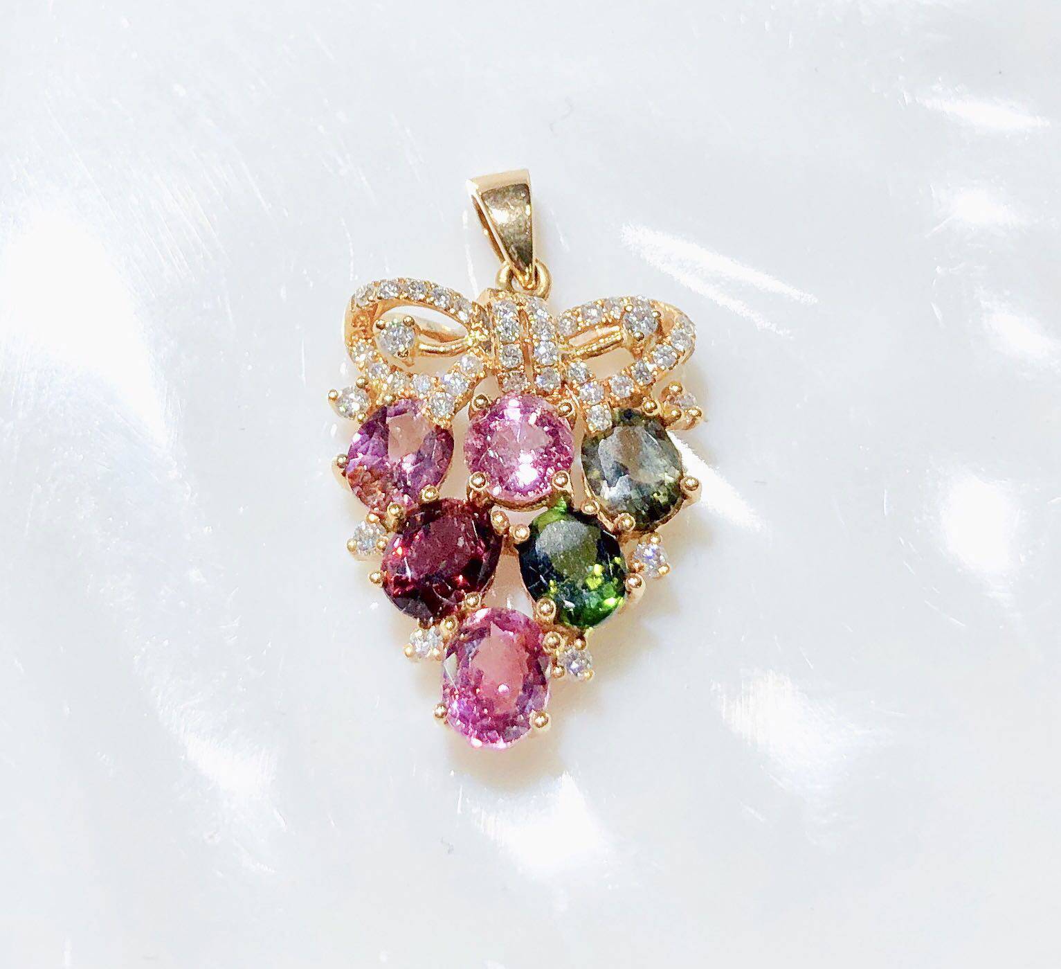 18k玫瑰黄金天然碧玺项链吊坠16分钻彩色宝石女士水晶挂件颈饰