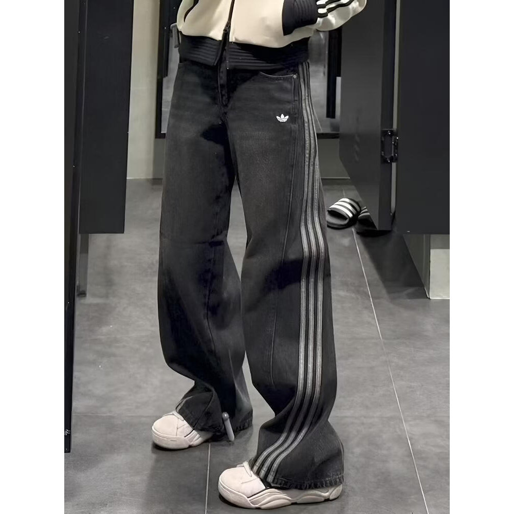 阿迪达斯adidas运动裤女休闲裤三叶草宽松直筒裤牛仔长裤JX6865图片