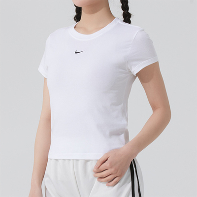 Nike耐克女子夏季纯棉小勾圆领修身运动休闲短袖T恤FV5509-100