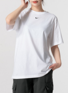 Nike耐克女子夏季简约小勾纯棉休闲运动圆领短袖T恤 FD4150-100