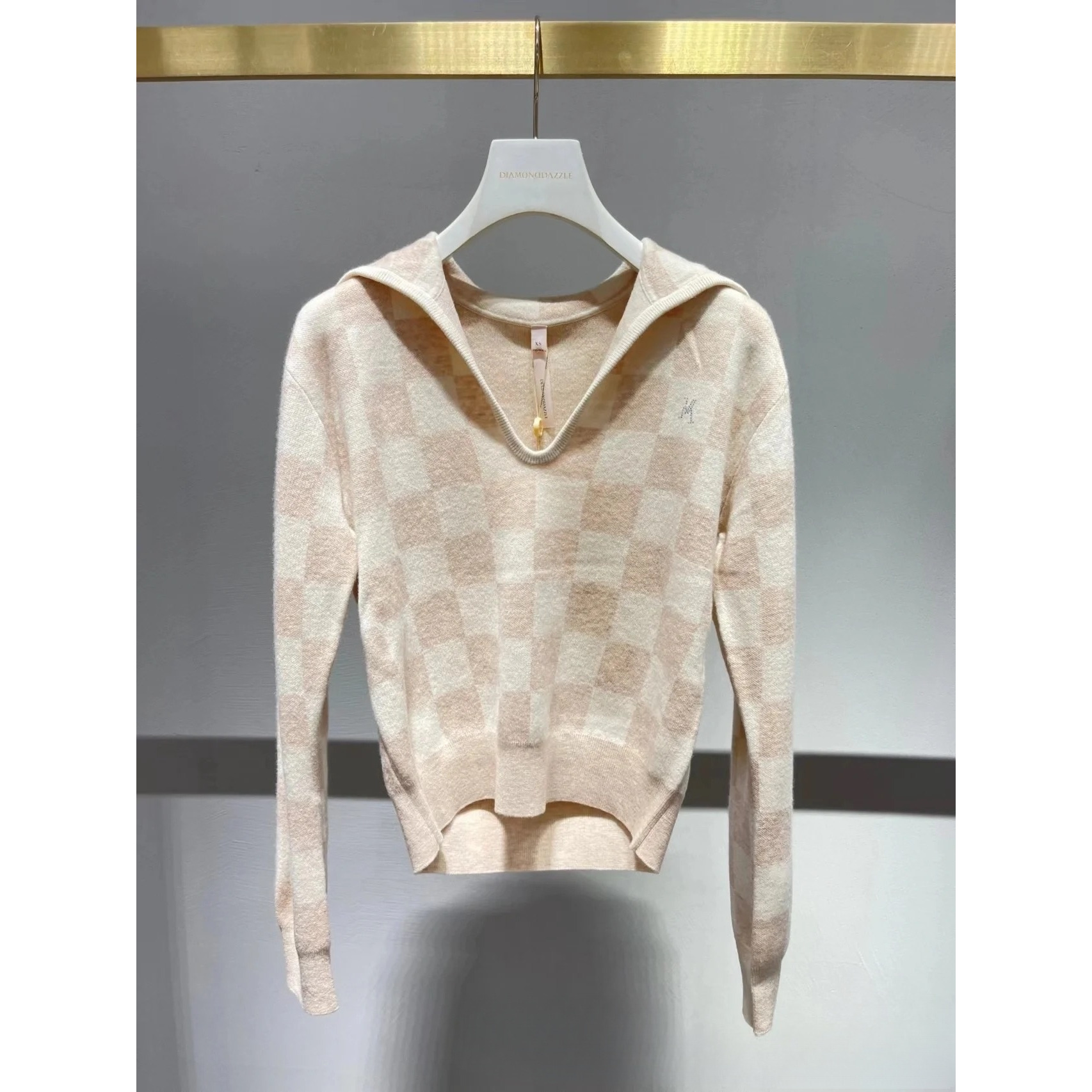 1H4E401吊牌3590元D高地素专柜正品2023冬棋盘格羊绒翻领毛衫